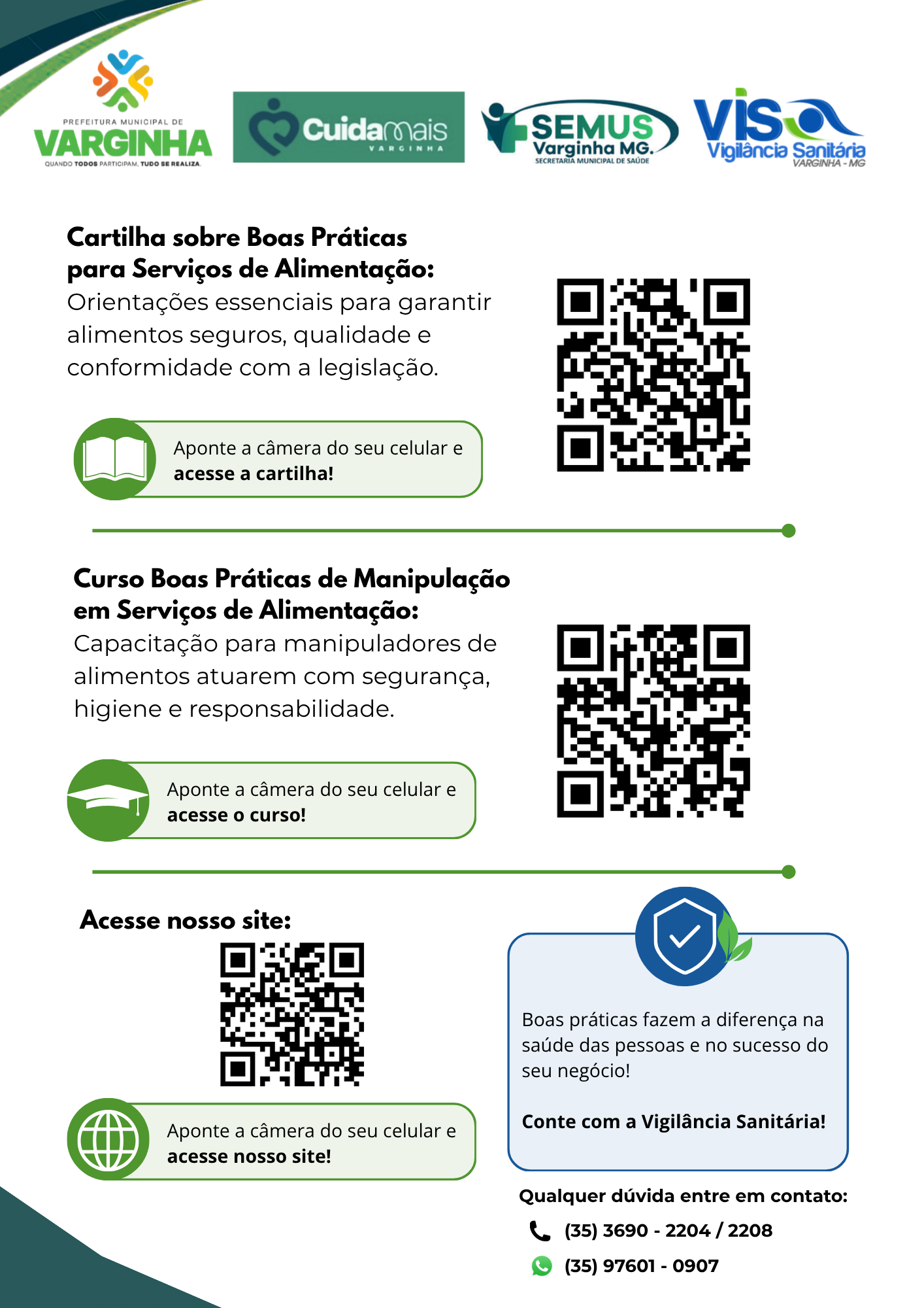 Vigilância Sanitária de Varginha cria novo banner para facilitar o acesso à Cartilha e ao Curso de Boas Práticas para Serviços de Alimentação